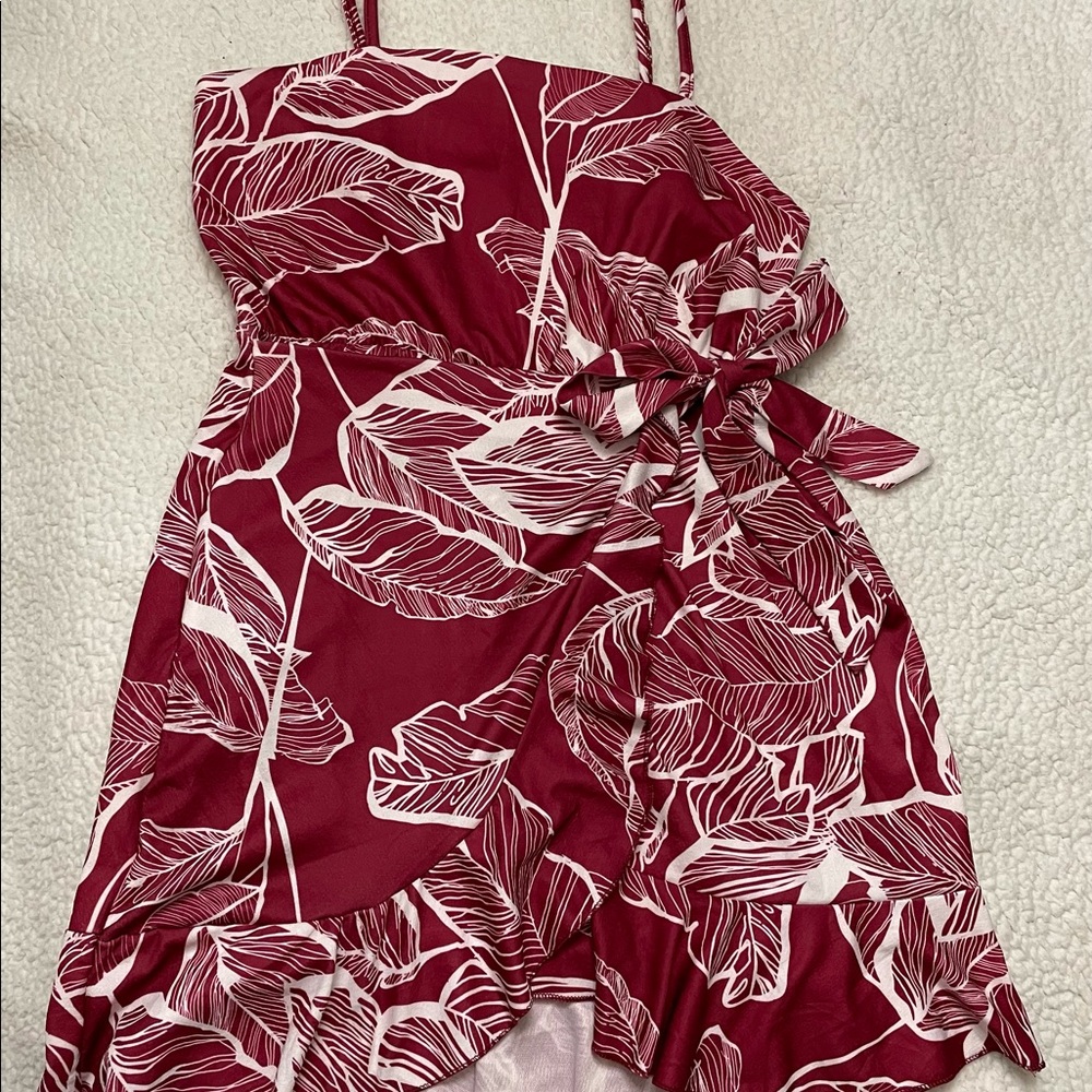 Tie-Waist Raspberry Leaf Print Mini Dress